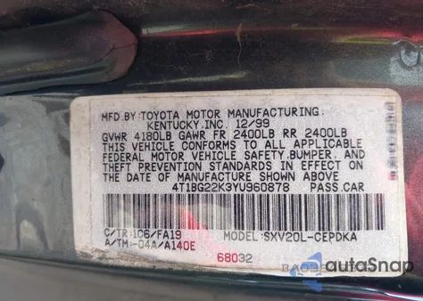 2000 Toyota Camry Ce z USA, uszkodzony, nr VIN 4T1BG22K3YU960878